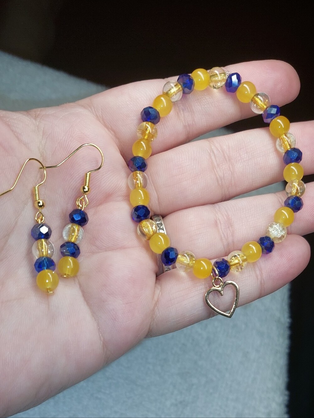 Handmade Yellow and Blue Beaded Bracelet and Earring Set with Heart Charm Wvu